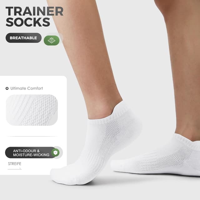 Detalle de FALARY 10 Pairs Trainer Socks (White & Black) – Breathable Cotton Ankle Socks for Running, Sports & Everyday Wear