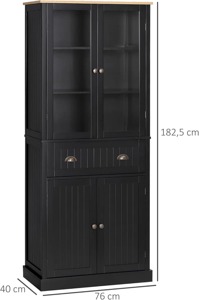 Detalle de HOMCOM Buffet de cuisine noir avec 4 portes dont 2 vitrées et tiroir, 182,5 cm de hauteur