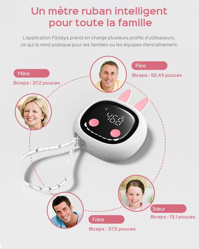 Detalle de Tychesy mètre ruban corps rétractable connecté (150 cm) avec application