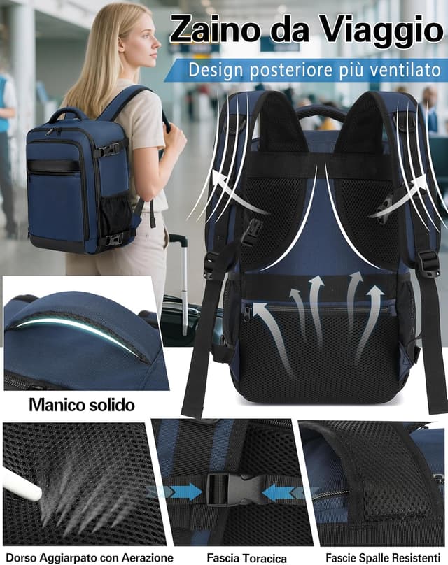 Detalle de KLOSTAIN Zaino Ryanair 40x20x25 da 20L con porta PC 14" – Daypack aereo bagaglio a mano Blu profondo