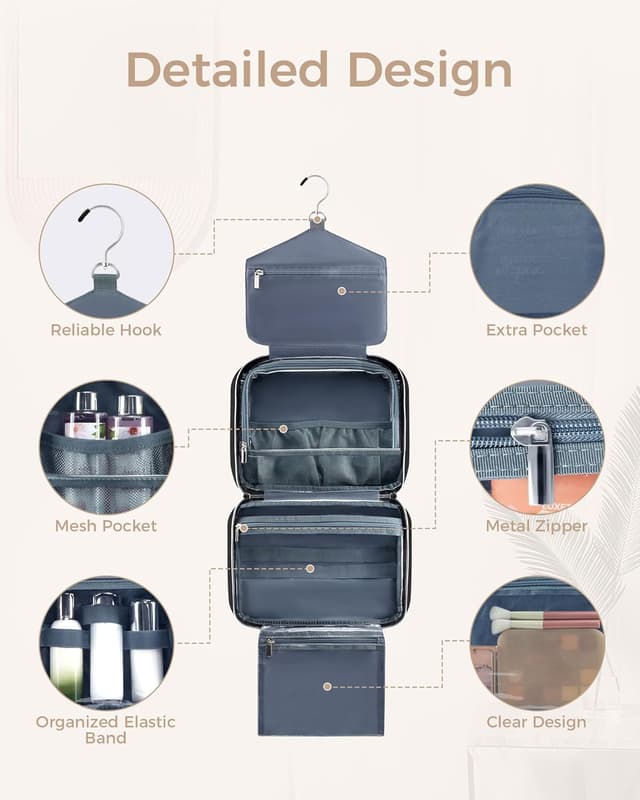 Detalle de BAGLHER Travel Toiletry Bag for Women (Large Black) with Hanging Hook and Organiser Compartments