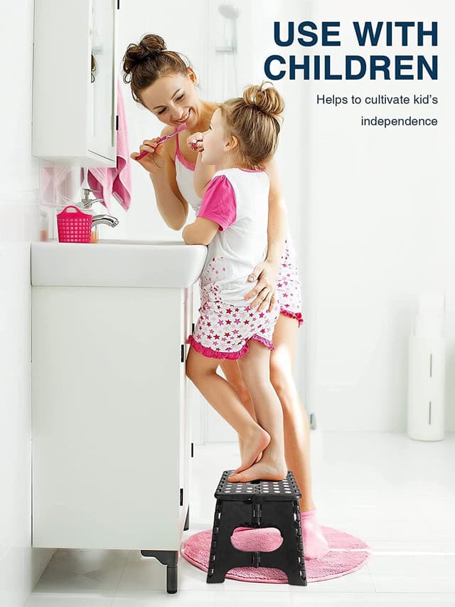 Detalle 2 de HOUSE DAY Klapphocker faltbar 27 cm Schwarz – stabiler Tritthocker mit Anti-Rutsch-Füßen