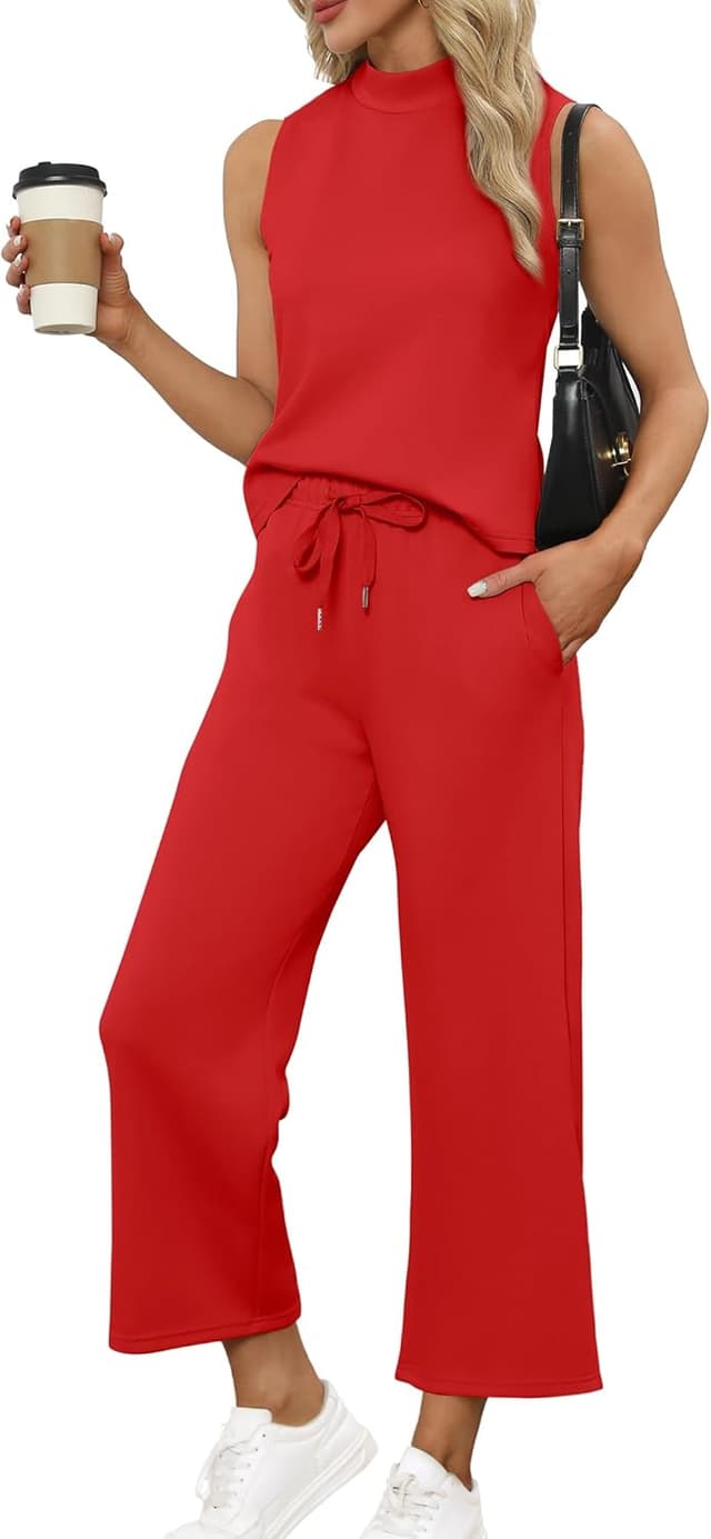 Detalle de SAMPEEL Two-Piece Lounge Set for Women: Mock Neck Sleeveless Top + Wide-Leg Crop Pants