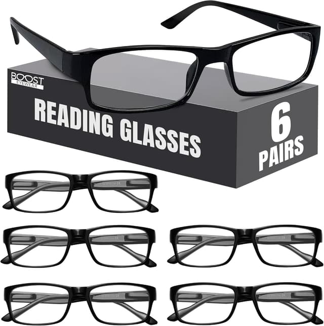 Detalle de Boost Eyewear 6-Pack Reading Glasses (Traditional Black Frames) with Spring-Loaded Hinges
