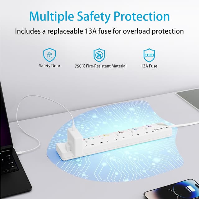 Thumbnail 4 de Toomke 6-way Extension Lead 3m 13A power strip 🔌