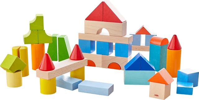 Detalle de HABA Basis Holzbausteine 85 bunte Bausteine mit Baumwolltasche (ToyAward 2024) – für Kinder ab 1 Jahr