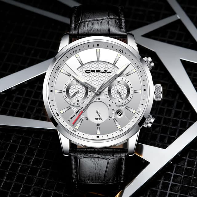 Detalle de CRRJU Herren Chronograph Uhr mit Lederarmband, Analog-Quarz und Datumsanzeige – schwarz