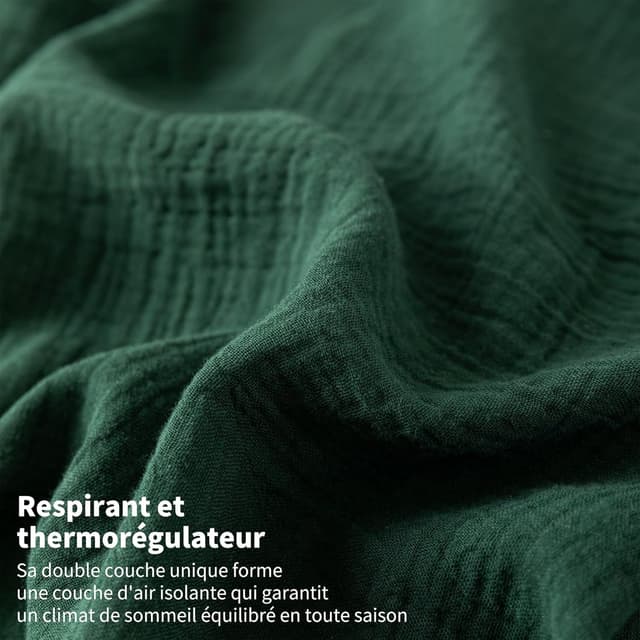 Detalle 2 de YASMENG Parure de lit double en gaze de coton 220x240 vert foncé (housse de couette + taie 65x65 cm)