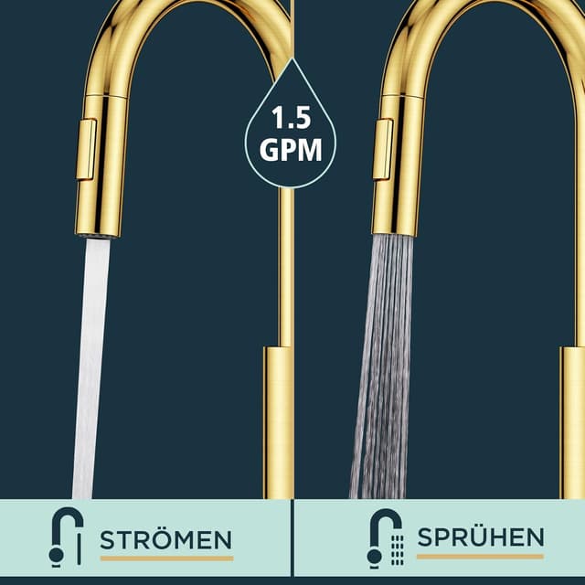 Detalle de FORIOUS Küchenarmatur mit hohem Bogen und 360° Schwenkbereich – ausziehbare Brause in gebürstetem Gold