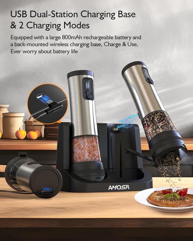 Detalle de Set de moulins à poivre électrique AMOSA avec réglage 5 niveaux, 2 vitesses, base rechargeable et LED