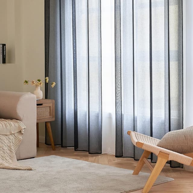 Detalle de EMEMA 2er-Set Sheer Voile-Gardinen mit Ösen, transparent, 140 x 225 cm (B x H), Schwarz