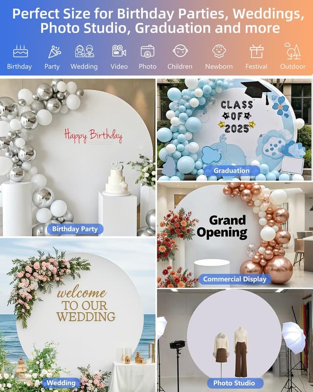 Detalle 2 de HEMMOTOP 7.2x7.2 ft Round Backdrop Cover (White) for Circle Arch Stands, Wedding & Party Photo Setups