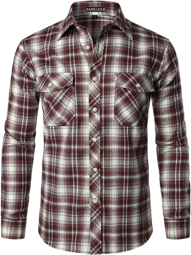 Detalle de PARKLEES Men’s Casual Regular Fit Checked Flannel Button-Up Shirt with Pockets