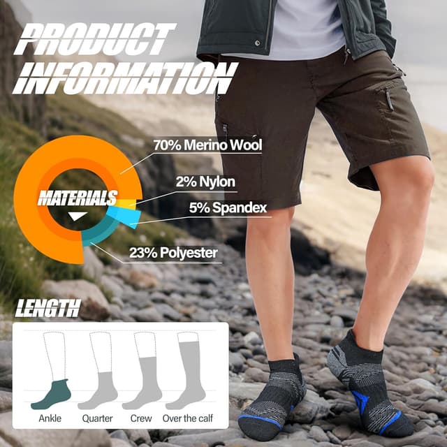 Detalle de ANTSANG No Show Merino Wool Ankle Socks (6-Pack) for Hiking, Running & Everyday Wear