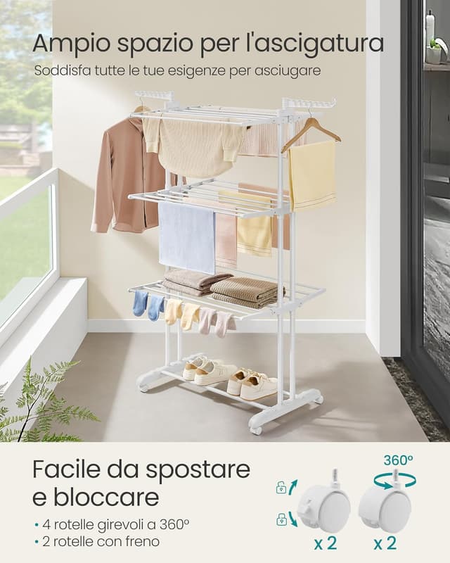 Detalle de SONGMICS LLR701W03 stendibiancheria pieghevole a 4 livelli con ruote e ali richiudibili