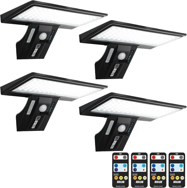 Detalle de JESLED Solar Lights with Motion Sensor (90 LEDs) and Remote Control – IP65 Wall Light for Garden, Garage & Yard