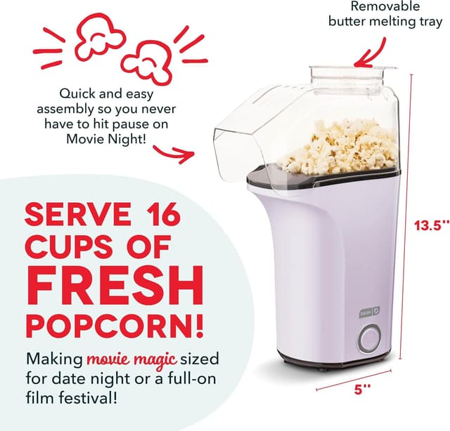 Detalle de Dash Hot Air Popcorn Popper Maker (16 Cups) with Measuring Cup to Portion Kernels + Melt Butter, Lavender