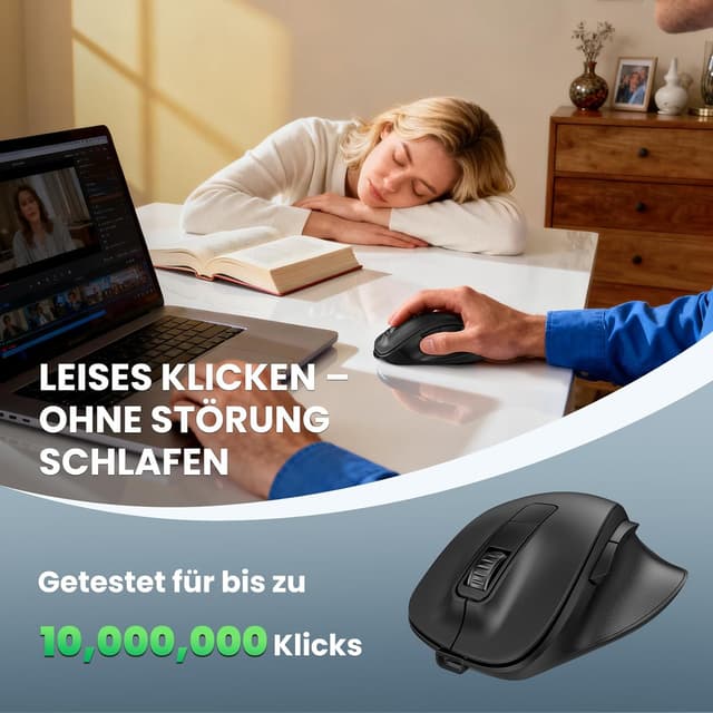 Detalle 2 de TECKNET ergonomische Bluetooth-Maus mit 3-Geräte-Verbindung, wiederaufladbar, 4800 DPI und Silent-Tasten (6 Tasten)