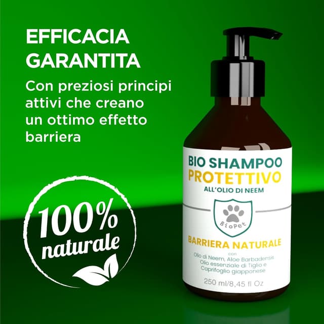 Detalle de Bio Pet Shampoo Protettivo all’Olio di Neem con Aloe e Tiglio per Cani e Gatti, flacone 250 ml