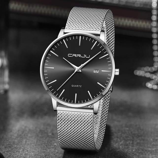 Detalle de CRRJU Herren-Uhr ultra dünn (schwarz) – wasserdichtes Mesh-Armband mit Quarzwerk