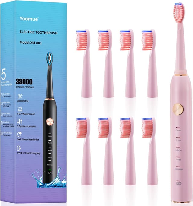 Detalle de Yoomue Sonic Electric Toothbrush for Adults & Kids (Pink) with 5 Modes, 8 Replacement Heads & IPX7