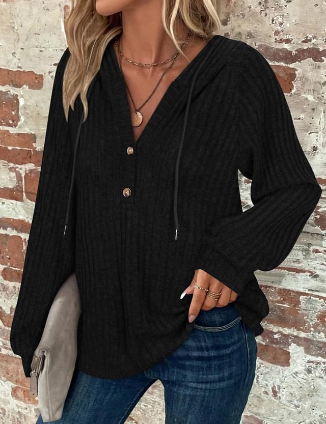 Detalle de Women’s V-neck long sleeve drawstring hoodie jumper (65% rayon mix) with button front