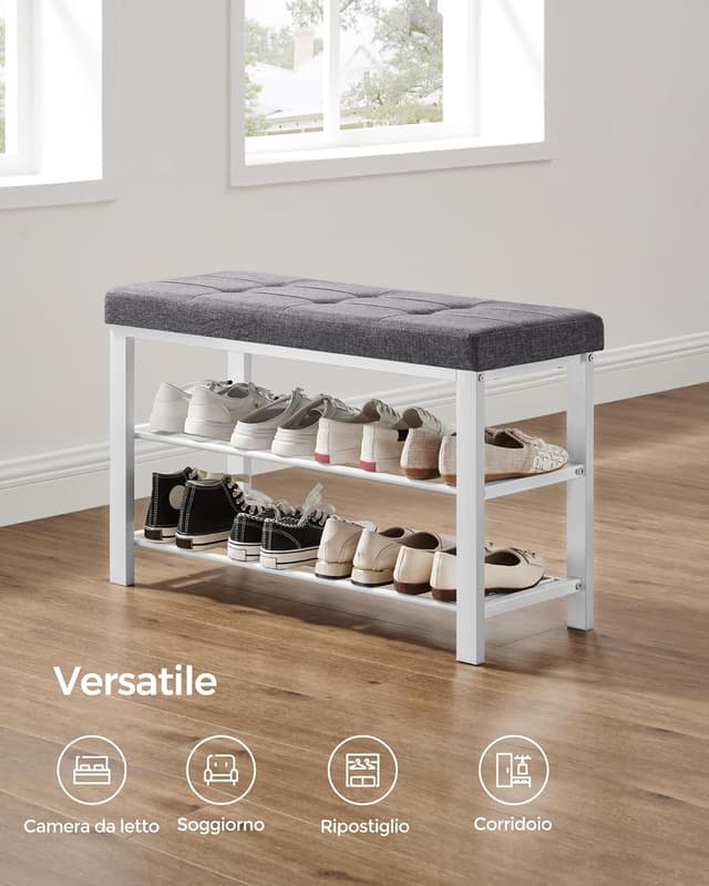 Thumbnail 6 de Songmics Shoe Bench LBS057W01: panca scarpiera a 3 ripiani con seduta imbottita per ingresso e camera