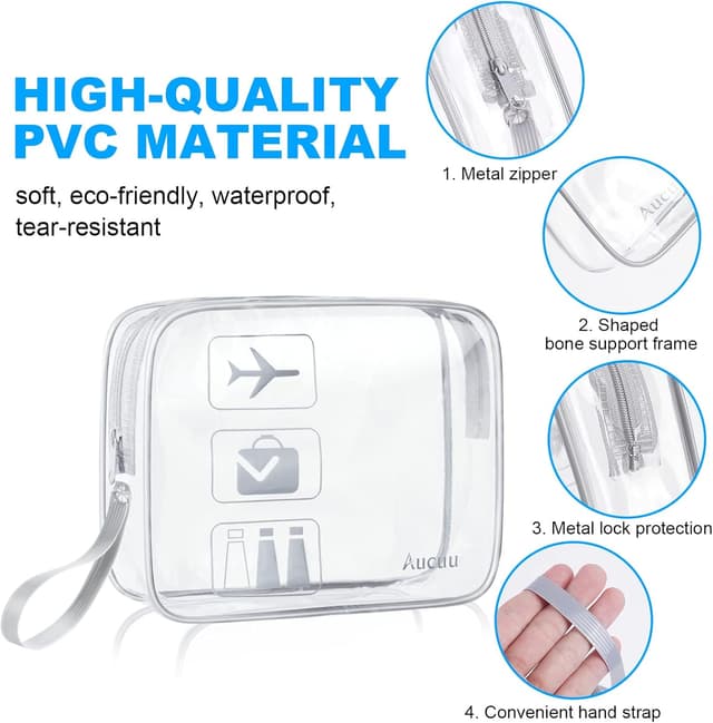 Detalle de Aucuu Kulturtasche Transparent (3er-Set) – wasserdichte PVC-Reise-Kosmetiktaschen mit TSA-Zulassung, grau