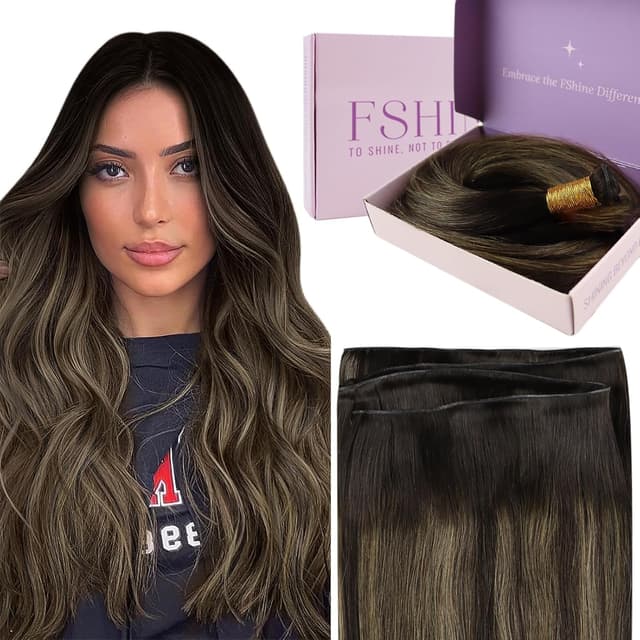 Detalle de Fshine Genie Weft Extensions aus Remy Echthaar – Balayage Dunkelbraun bis Kastanienbraun, 60 cm / 60 g (Echthaar Tressen)