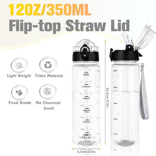 Detalle de GOPPUS 500ml Kids Water Bottle with Straw, Flip Top Lid & Time Markings (BPA-free Tritan)