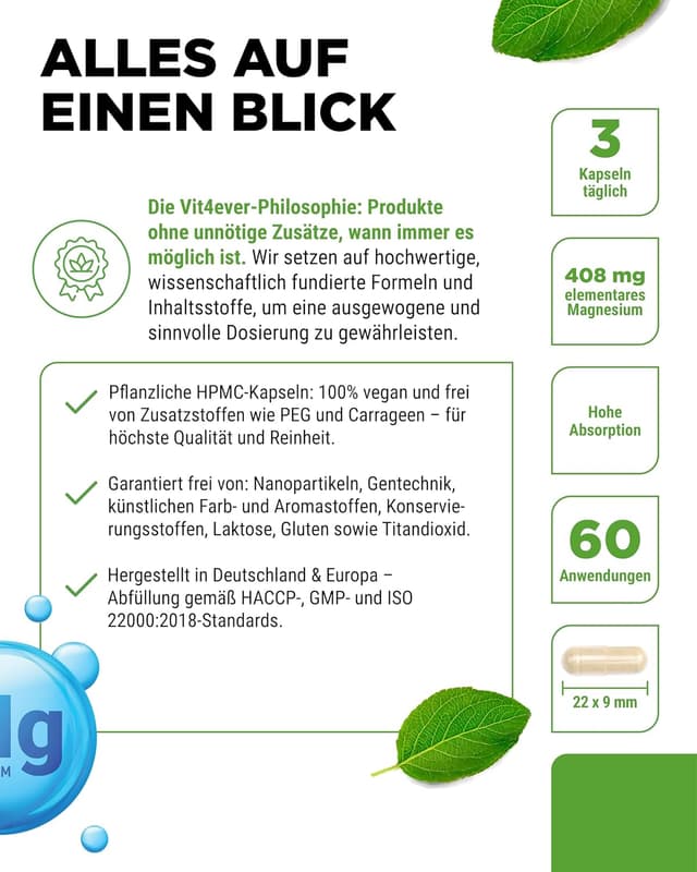 Detalle 2 de vit4ever Magnesium Komplex – 240 Kapseln mit 408 mg elementarem Magnesium täglich (vegan)