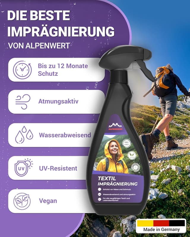 Detalle de Alpenwert Textil Imprägnierung 500 ml (LANGZEIT-ABPERL-Schutz) für Outdoor-Textilien, Schuhe und mehr