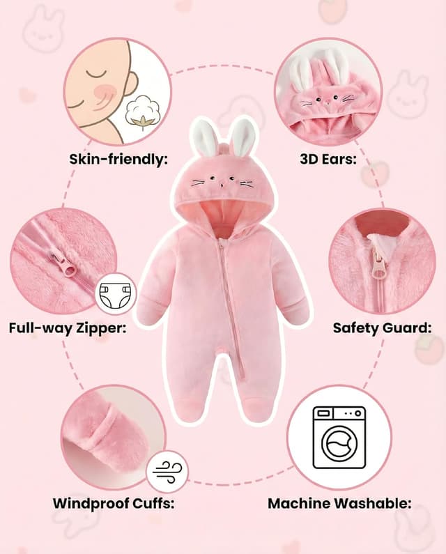 Thumbnail 2 de JiAmy tutina in pile con cappuccio e cerniera per neonati