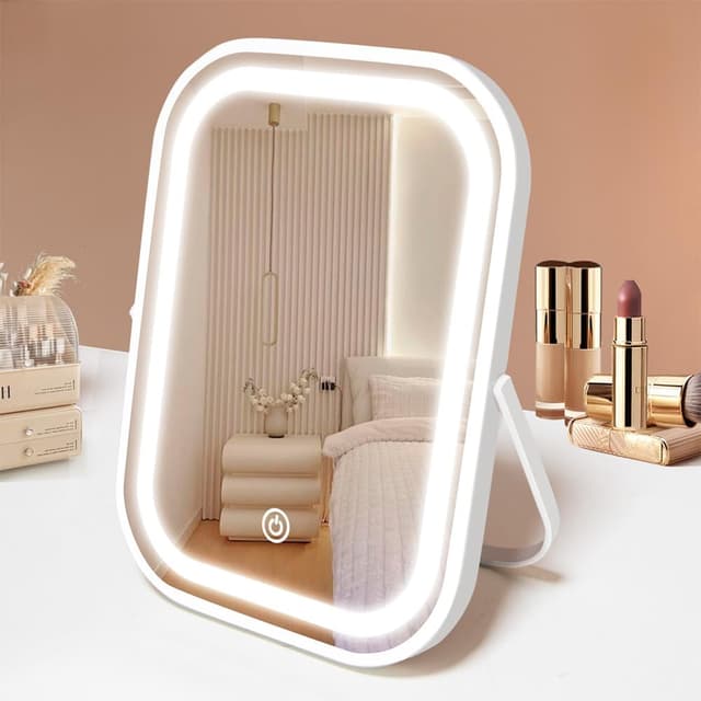 Detalle de YEKKOPT Travel Makeup Mirror with Lights — portable LED vanity mirror with touch dimmer (1200mAh battery)