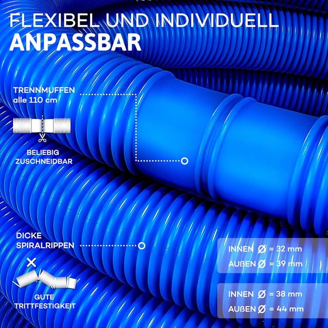 Detalle de tillvex Poolschlauch Made in Germany (mit Muffen) – Schwimmbecken-/Pumpenschlauch, blau, 20 m / 32 mm