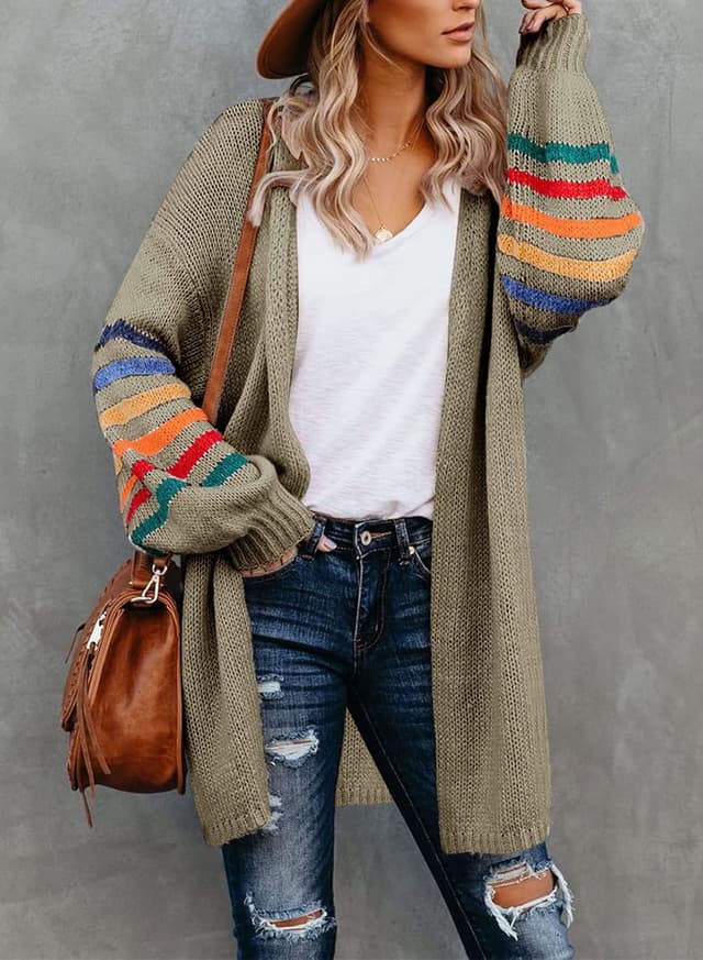 Detalle de AlvaQ women’s longline open-front rainbow striped cardigan (S–XXL)