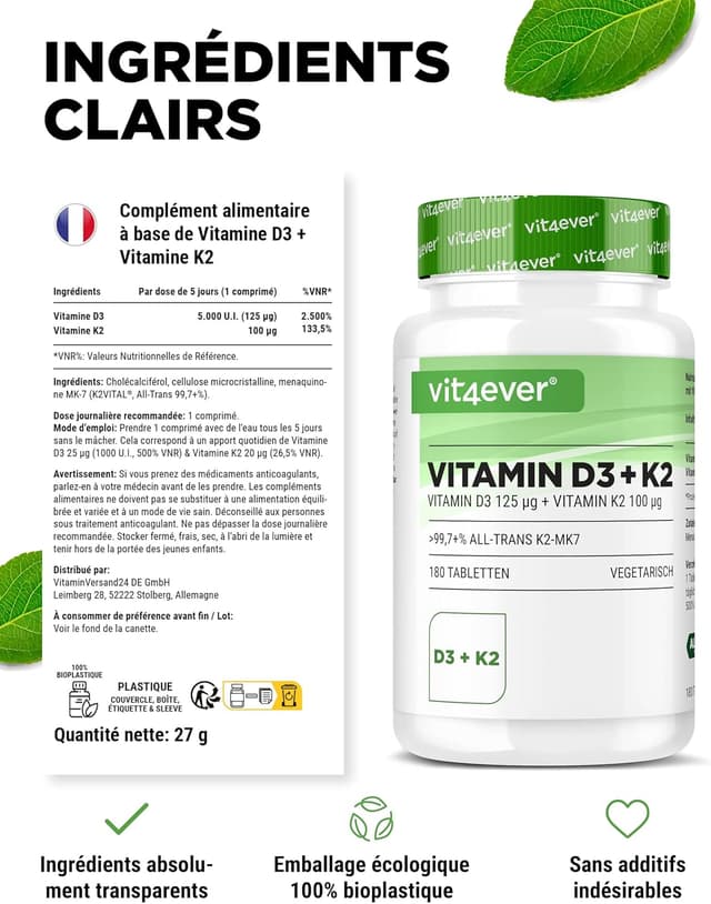 Detalle 2 de vit4ever Vitamine D3 + K2 Dépôt (180 comprimés) – 5000 UI D3 et 100 µg K2 MK7