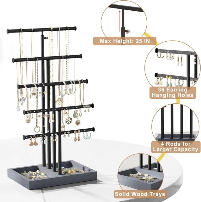 Detalle 2 de Love-KANKEI 5-stufiger Schmuckständer für Ketten, Ohrringe, Ringe & Armbänder (43,5 x 16 x 22 cm) – Schwarz-Grau