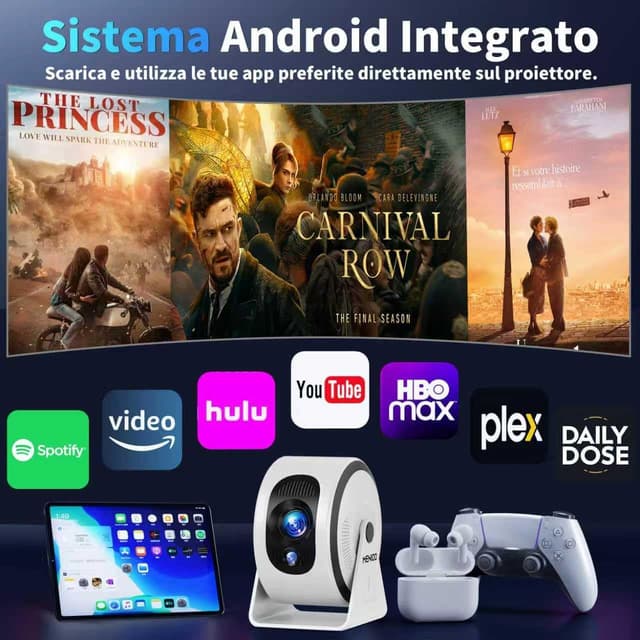 Detalle de Mini Projector portatile con Android TV, WiFi 6 e Bluetooth 5.4, autofocus e correzione trapezoidale 360° (bianco)