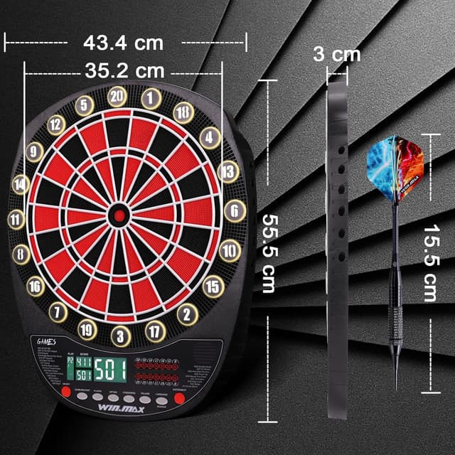 Detalle de WIN.MAX Elektronische Dartscheibe Profi Set mit 34 Games, 354 Varianten – für 1 bis 8 Spieler, 3 Sprachen