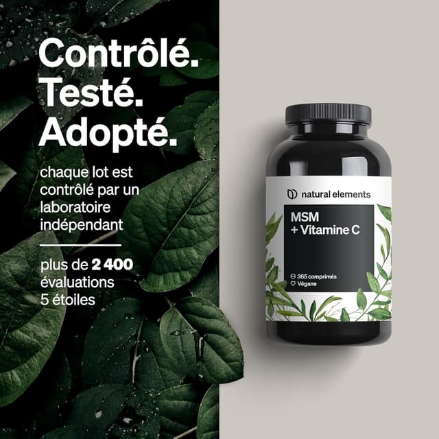 Detalle 2 de Natural Elements MSM 2000 mg + Vitamine C naturelle (acerola) – 365 comprimés, végane