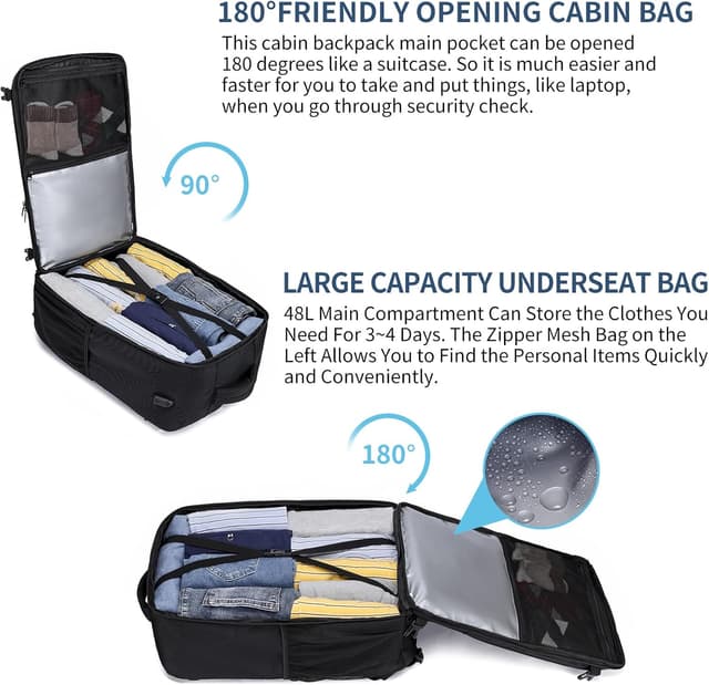 Detalle de Cabin Bag 55x35x25cm (48L) Travel Backpack with USB Charging Port and Laptop Compartment – Cabin carry-on approved, Black