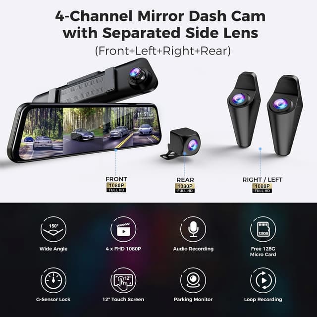 Detalle 2 de 360 Degree View 4-Channel Mirror Dash Cam with Detached Cameras (Front + Left/Right Side + Rear) — 12" Rearview Mirror, WiFi, GPS, Night Vision, Parking Monitor
