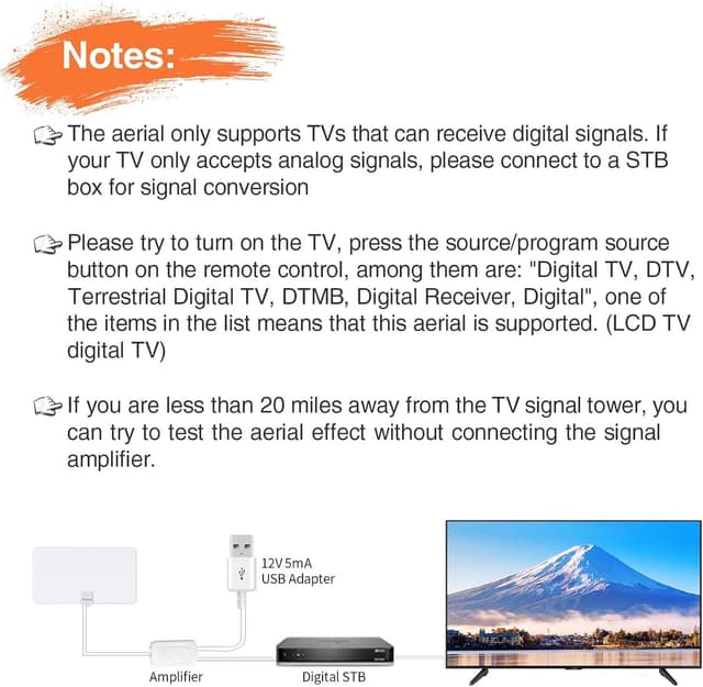 Thumbnail 6 de Amazqi TV Aerial Indoor 250+ Miles Long Range (Freeview, 4K) with Signal Booster and 5m Cable – White