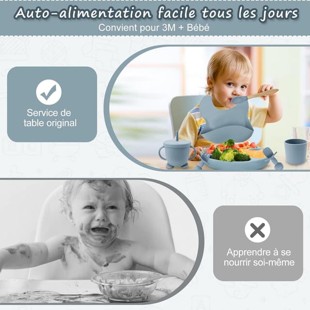 Detalle 2 de Baby Geschirrset 12-teilig (Kindergeschirr, Babylöffel, Trinklernbecher) aus BPA-freiem Silikon mit Saugnapf