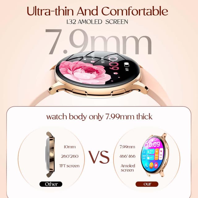 Thumbnail 4 de Montre connectée femme 1,32" ronde AMOLED avec appels Bluetooth, écran vibrant et suivi santé IP67