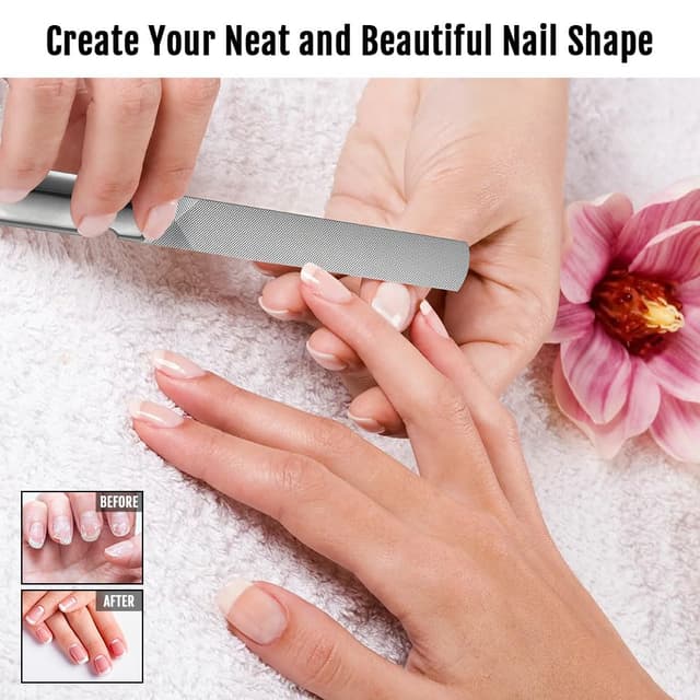 Detalle de AUYAO professionelles Nagelfeilen- & Zehennagelheber-Set (3-teilig) mit Ledertasche – doppelseitige Feile, grob & fein