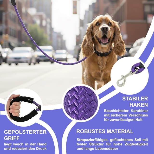 Detalle de Reichstadt Pets guinzaglio per cani in nylon morbido con impugnatura EVA riflettente e moschettone girevole (1,5 m, viola)