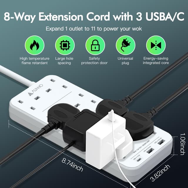 Detalle 2 de AUNNO 8‑Way Extension Lead with USB