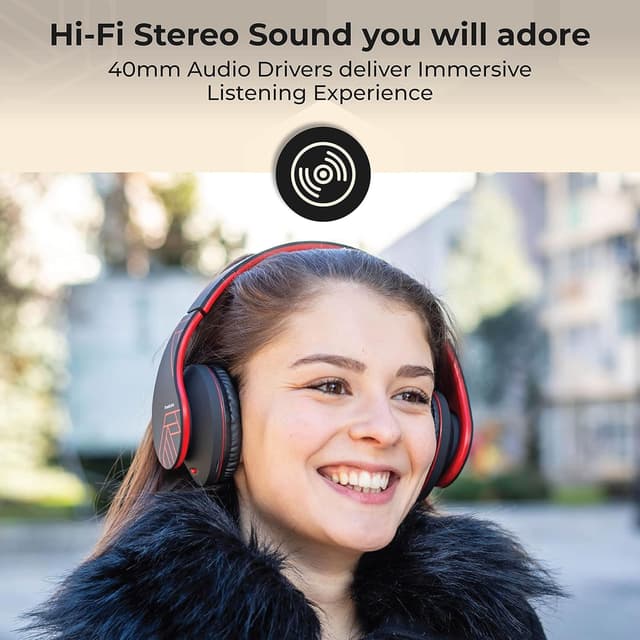 Thumbnail 6 de PowerLocus Bluetooth Over-Ear Headphones (Black/Red) with Mic, Foldable Design & MicroSD/TF